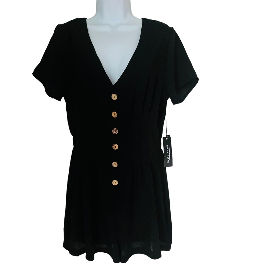 HAUTE MONDE Black V Button Front Short Jumper Romper Women's L
